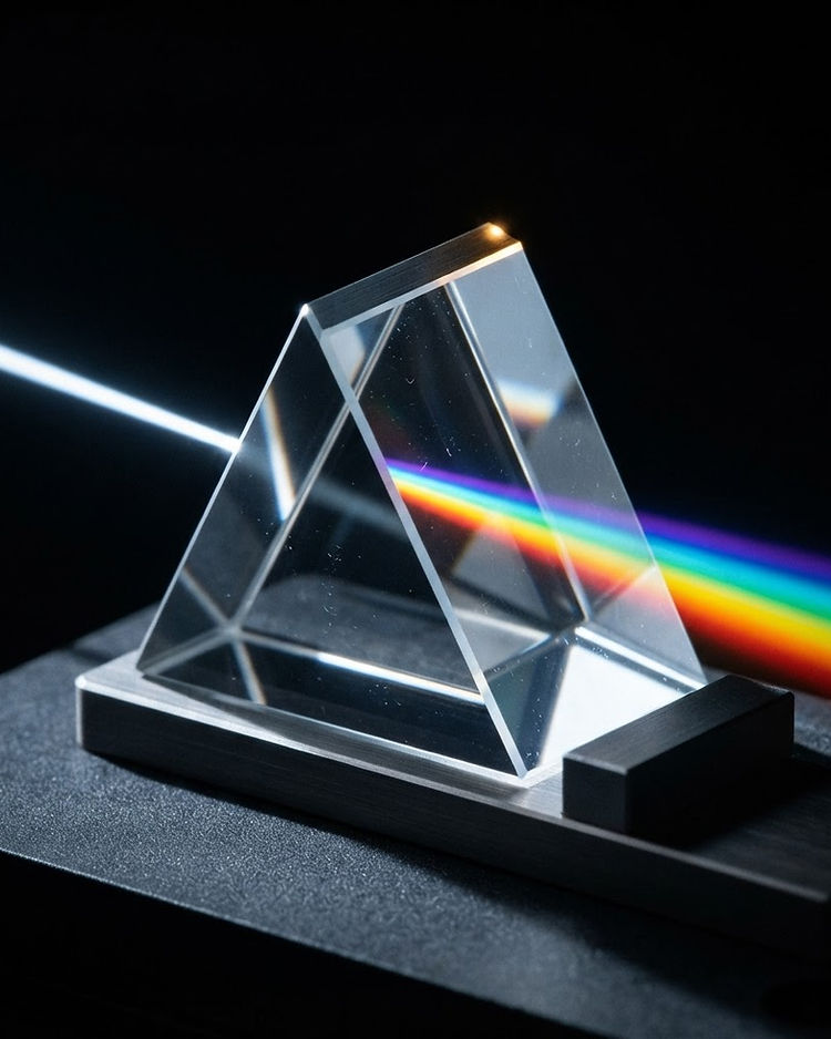 Glass prism refracting light into a spectrum
