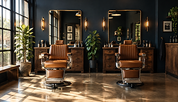Warm, sunlit neighborhood barbershop with classic leather chairs