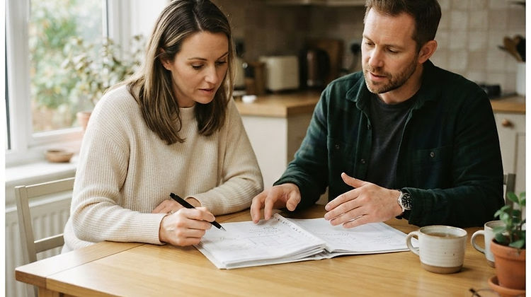 A homeowner and a contractor reviewing a printed proposal together at a kitchen table