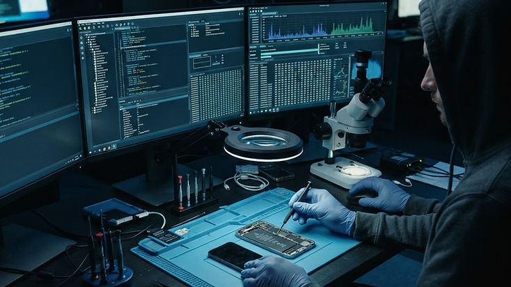 Forensic cybersecurity lab analyzing a smartphone for Pegasus spyware