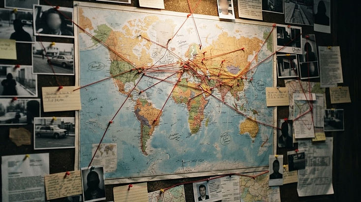 Investigation wall with world map marking documented Pegasus targeting countries