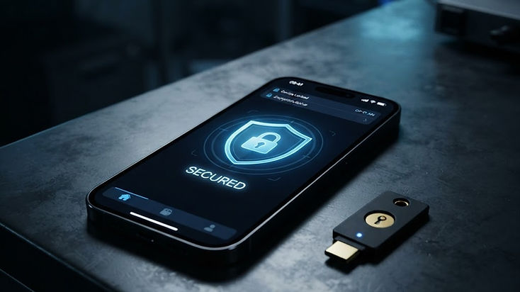 iPhone with security shield icon and hardware security key on a dark desk