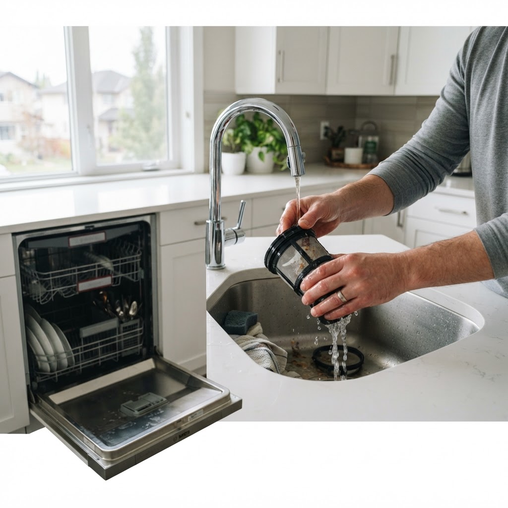 Homeowner cleaning a dishwasher filter in an Alberta kitchen for SMS Appliances