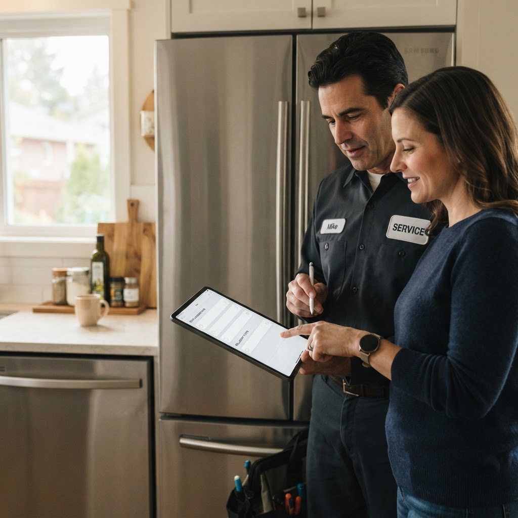 Calgary homeowner reviewing appliance repair options with SMS Appliances