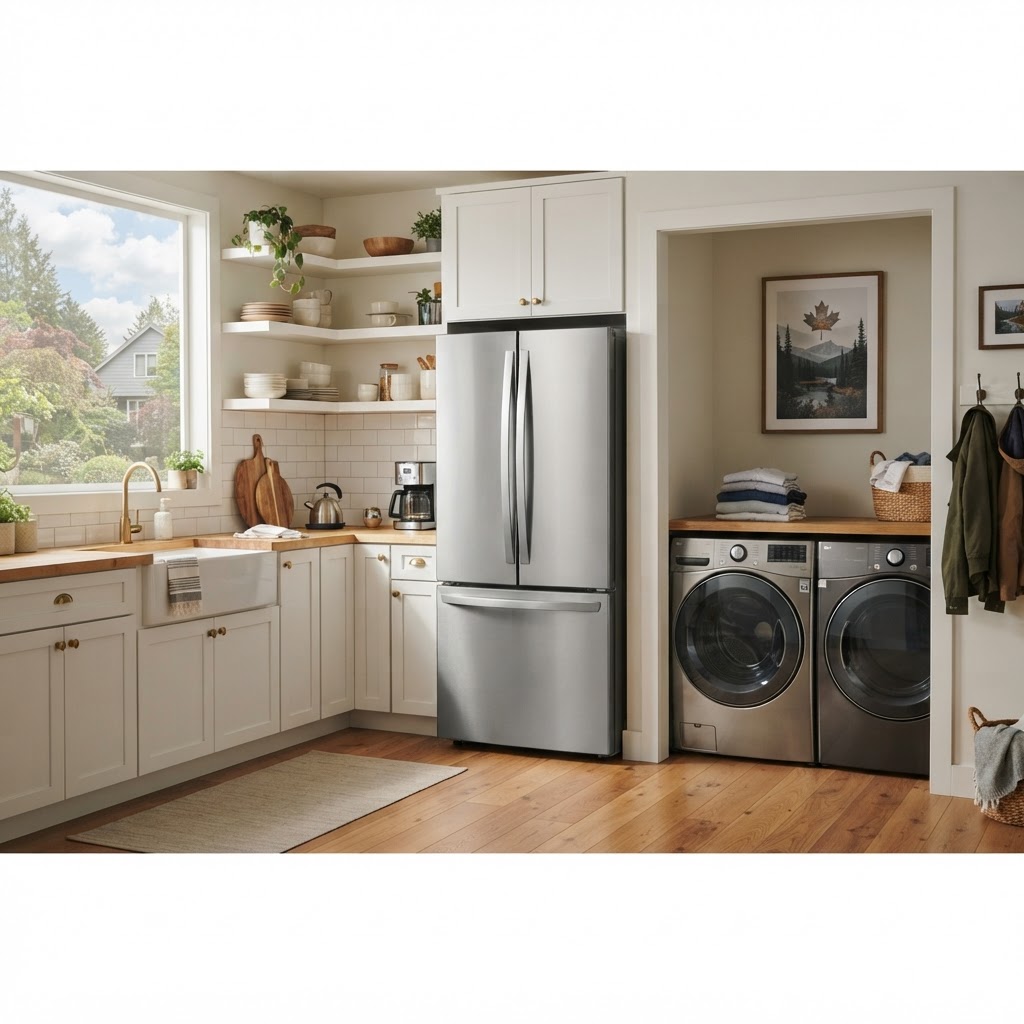 Like-new open box stainless steel fridge and washer dryer set in a Calgary home kitchen