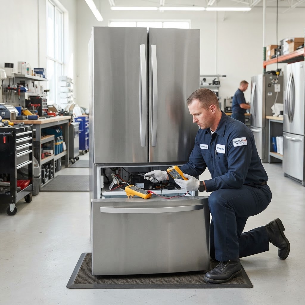 Certified SMS Appliances technician testing a refurbished refrigerator before sale in Calgary