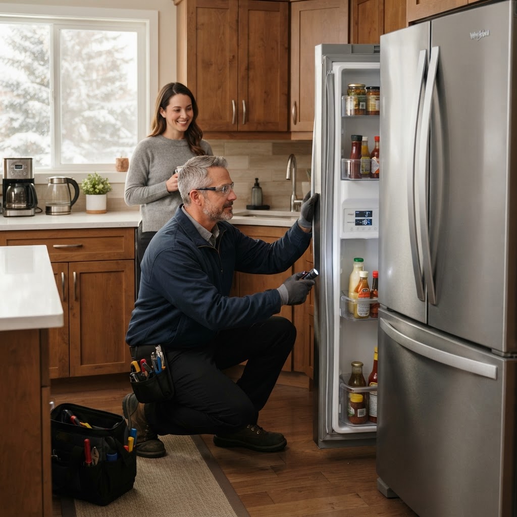 Refrigerator door seal and temperature check in a Calgary home by SMS Appliances