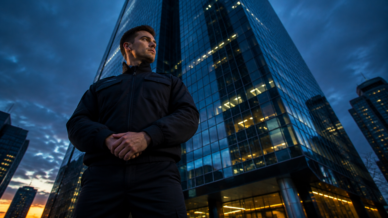 Security officer outside a corporate tower at twilight