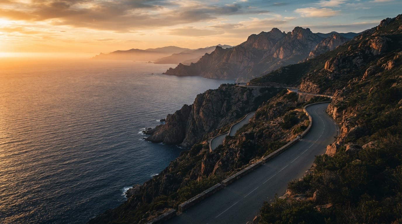 Route corse au coucher du soleil