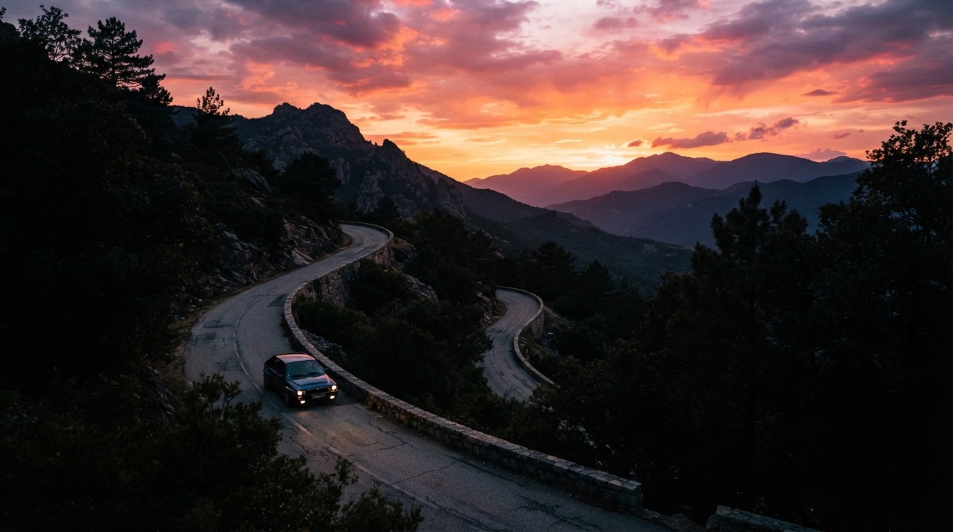 Route corse au coucher du soleil