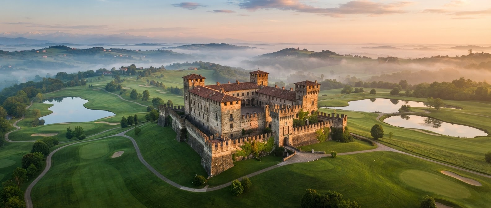 Aerial drone view of Castello di Roccalauro and its golf course at golden hour