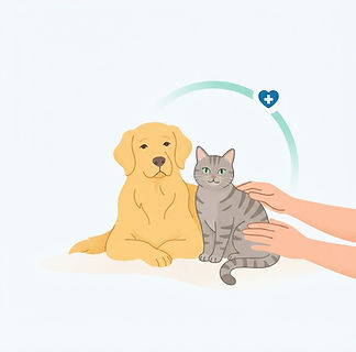 A happy dog and cat with their owner