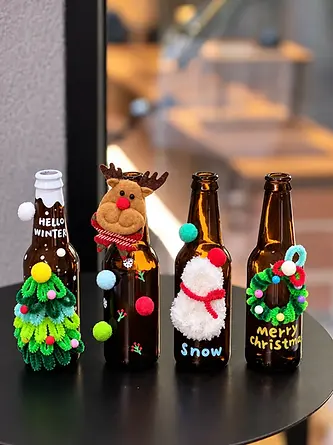Brown glass bottles with colorful Christmas decorations