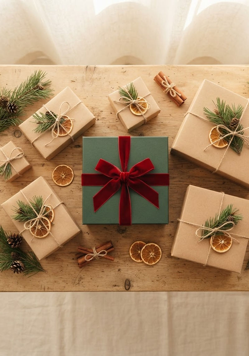 Kraft gift boxes, red ribbons and gold ornaments on a sunlit sourcing studio table