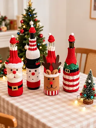Glass bottles dressed in red and white seasonal fabric covers