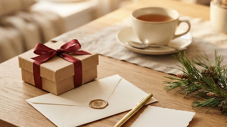Handwritten note, kraft box with red ribbon and wax-sealed envelope