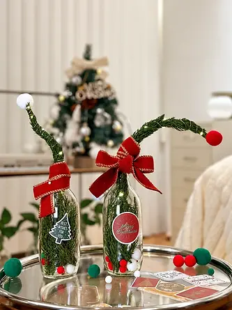 Clear glass bottles with seasonal decorative bottle covers