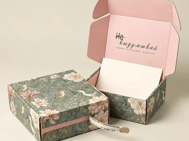 Floral printed mailer boxes with pink interiors and a tear-open strip