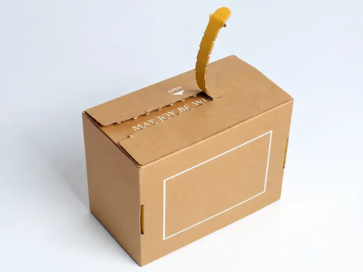 Kraft mailer box with its tear strip partially opened