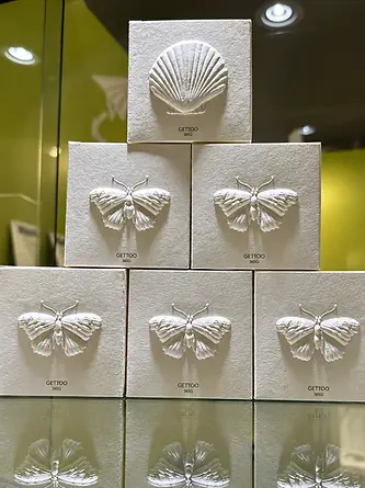 Paperboard cartons with butterfly and shell decorative finishes