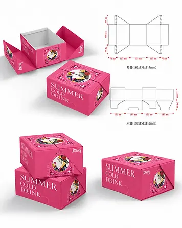 Pink printed packaging mockups with structure illustrations