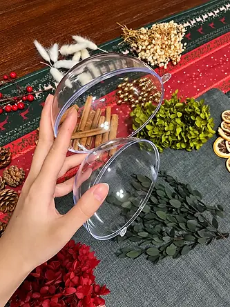 Clear ornament halves alongside botanical gift decorations