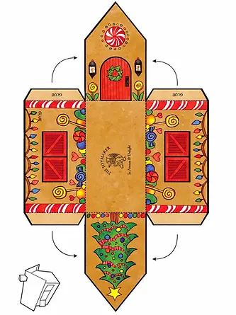 Printed house-shaped gift box artwork and folding template