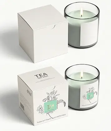Glass candle jar with white printed paperboard carton