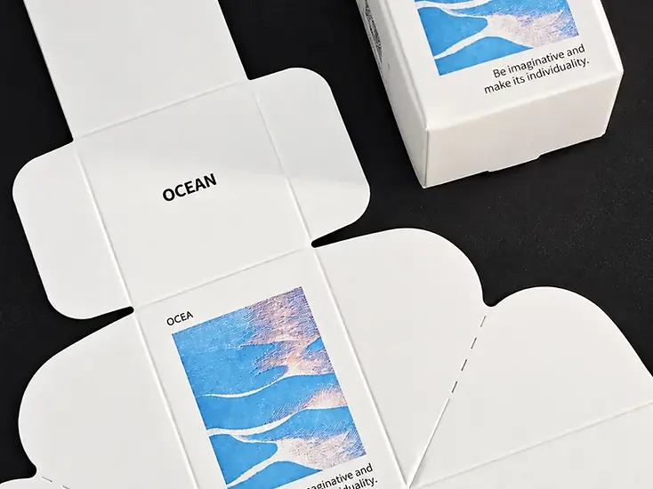 White printed paperboard folding cartons shown assembled and unfolded