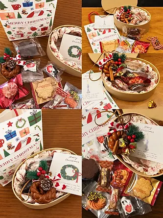 Collage of decorated oval gift boxes and printed seasonal wraps