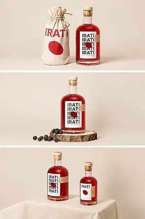 Red labeled glass bottles with fabric cover and cork closures