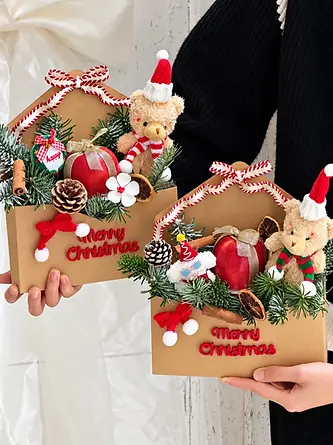 Kraft gift presentation with botanical and Christmas decorations