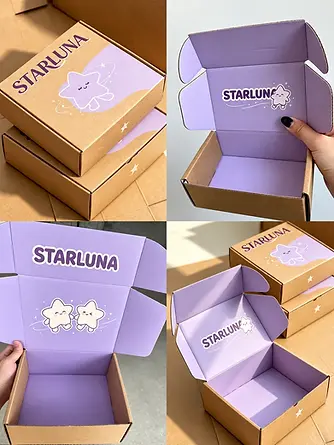 Purple printed mailer box packaging shown in four views