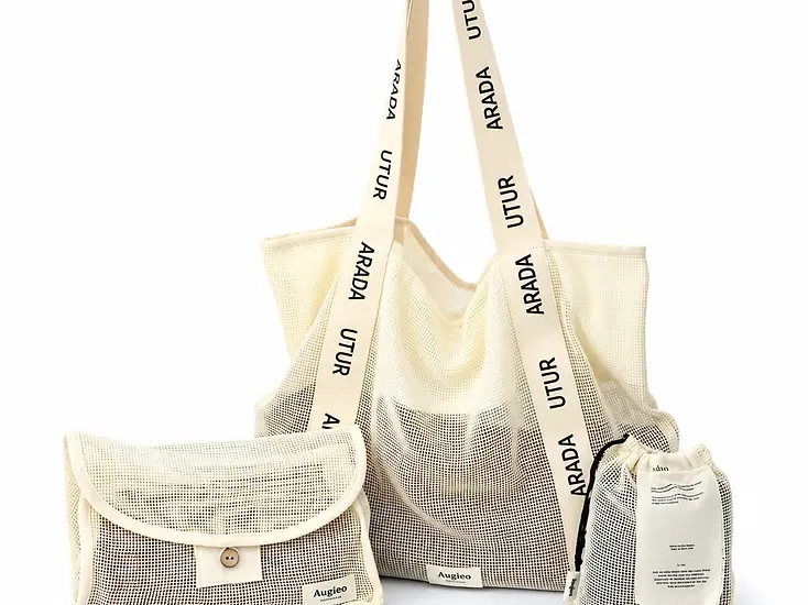 Branded fabric tote and coordinated small fabric pouches