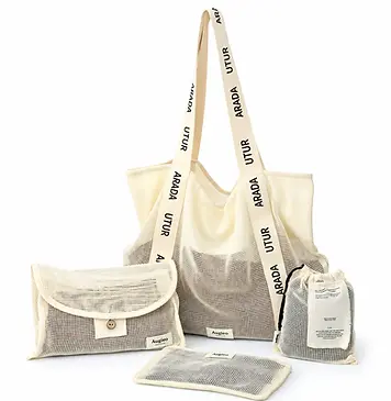 Branded fabric tote and coordinated small fabric pouches