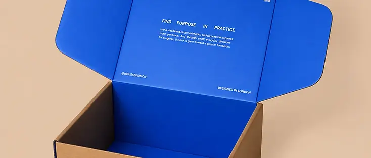 Open kraft mailer box with a blue printed interior and adhesive closure strip