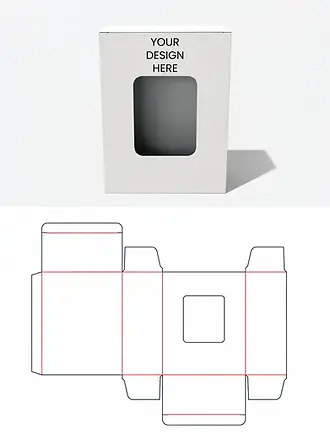 Windowed paperboard carton artwork and folding diagram