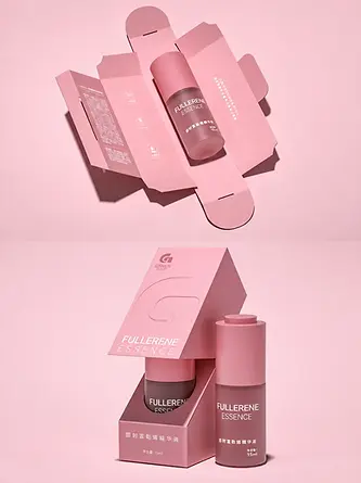 Pink product carton and cosmetic bottle packaging reference