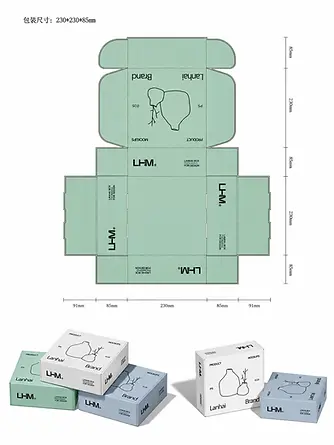 Mailer box design illustration with green, white and blue mockups