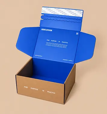 Open kraft mailer box with a blue printed interior and adhesive closure strip
