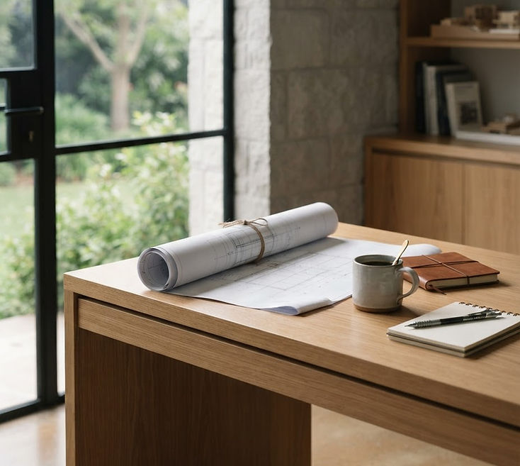 Architectural studio workspace with drawings and material samples