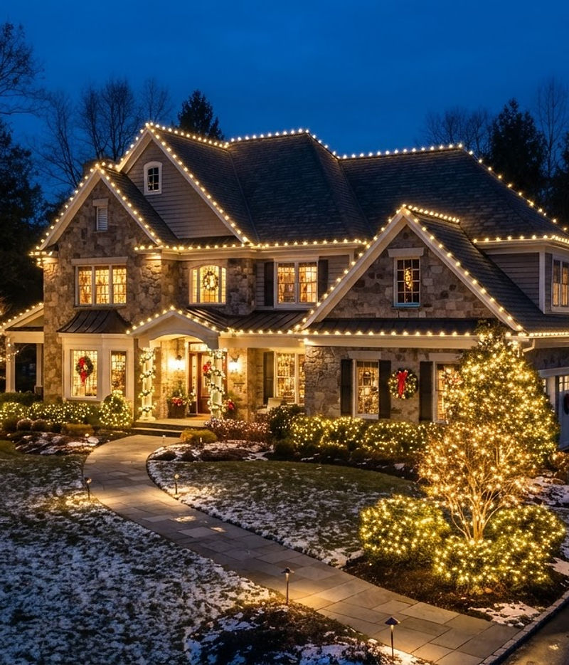 Professionally installed Christmas lights on a luxury home at dusk