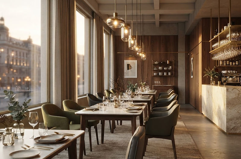 Refined, empty restaurant interior with warm timber and soft light