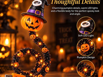 Pumpkin projector with a witch hat and LED tinsel body
