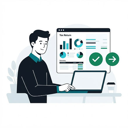 Illustration of a person reviewing and approving a tax return before submitting it to HMRC