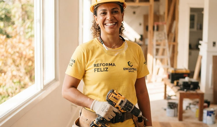 Profissional da construção civil sorrindo durante uma reforma
