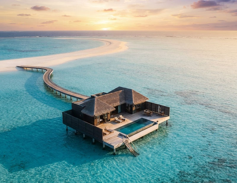 Maldives overwater villa at golden hour
