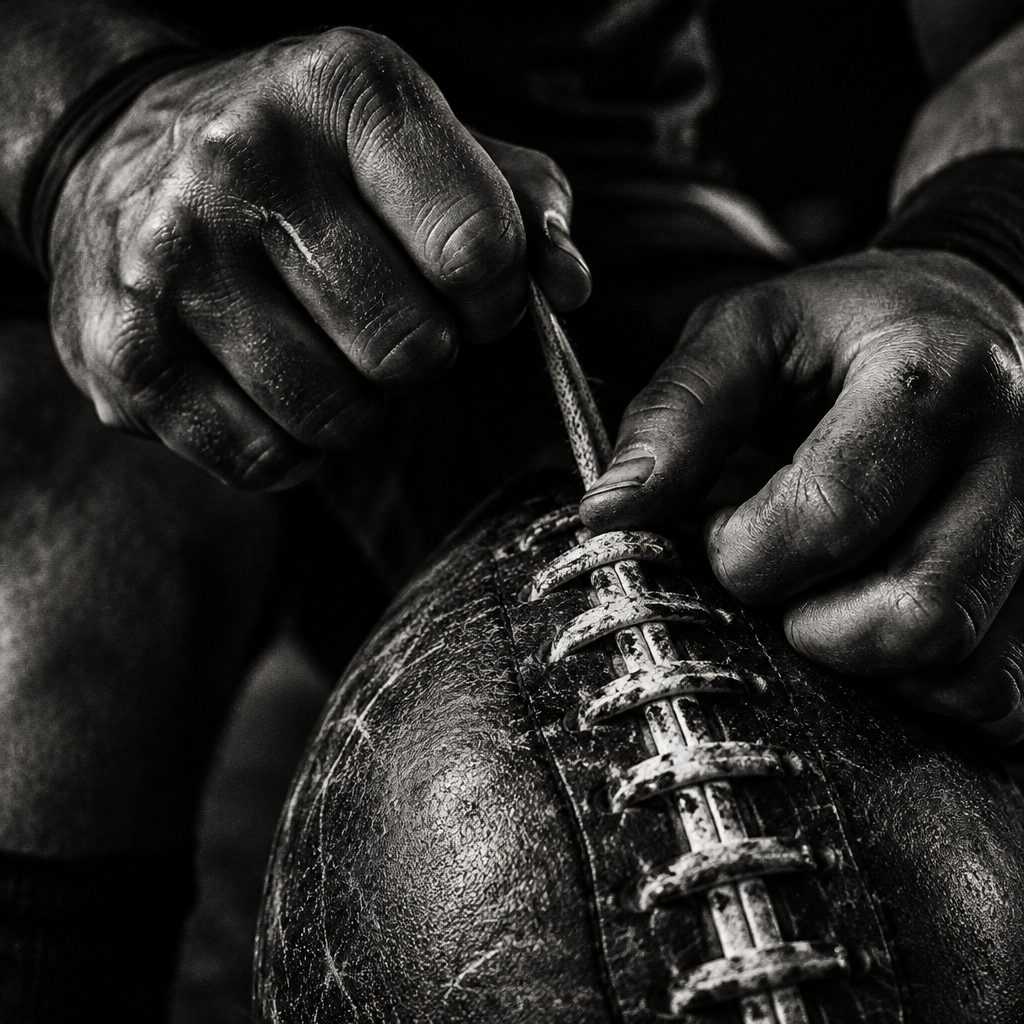 Close-up of an athlete's hands lacing a worn football