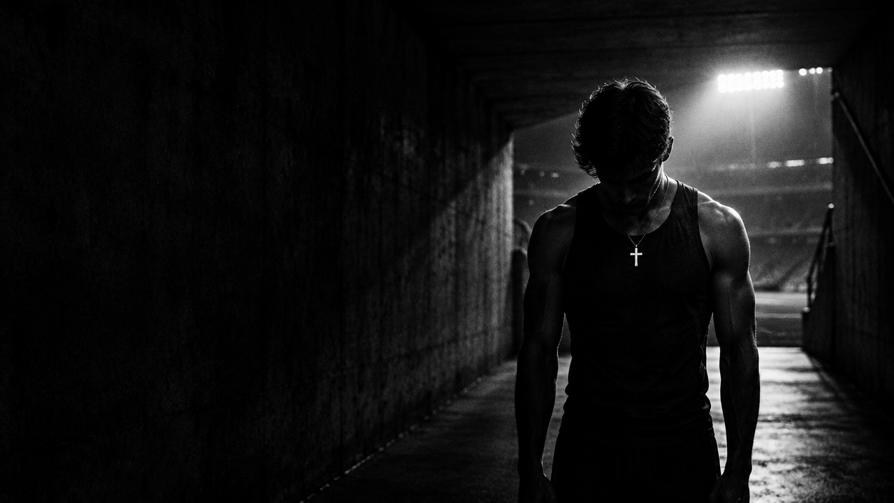 Athlete in a dark stadium tunnel, head bowed