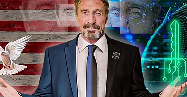 John McAfee portrait with a glowing digital key symbolizing private AI-agent payments on GHOST Coin 2027